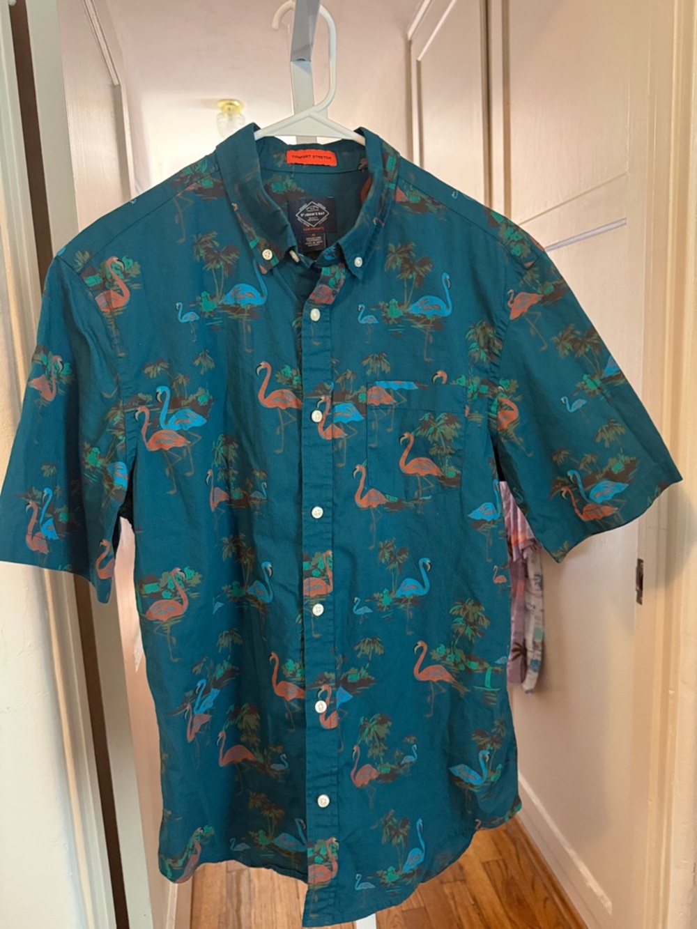 St. John's Bay Teal Flamingo Print Short-Sleeve Button-Down Shirt